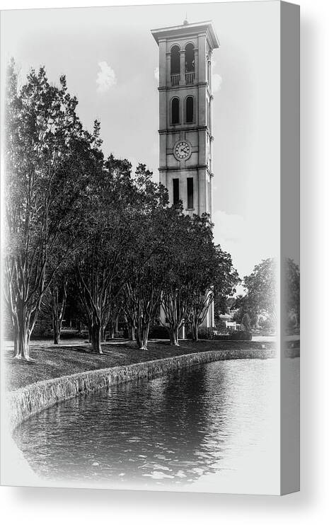 Furman University Bell Tower South Carolina Canvas Print featuring the photograph Furman University Bell Tower Greenville South Carolina Black and White by Carol Montoya