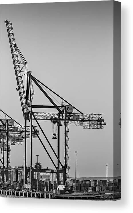 Crane Canvas Print featuring the photograph Global Containers Terminal Cargo Freight Cranes BW by Susan Candelario