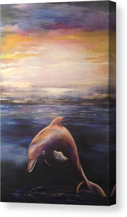 Sea Canvas Print featuring the painting Golden Dolphin by Karen Ferrand Carroll