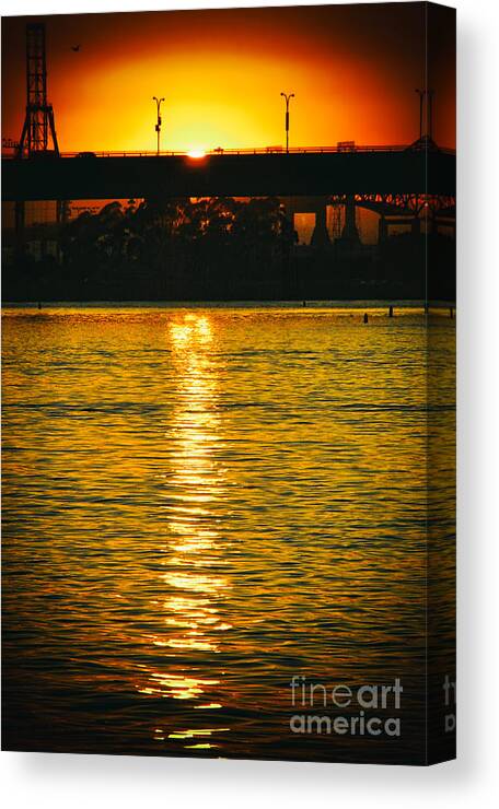 Golden Sunset Behind Bridge Canvas Print featuring the photograph Golden Sunset behind Bridge by Mariola Bitner