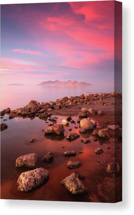 Utah Canvas Print featuring the photograph Great Salt Lake and Antelope Island Sunset by Brett Pelletier