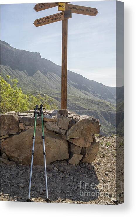 Active Canvas Print featuring the photograph Hiking poles resting near sign by Patricia Hofmeester