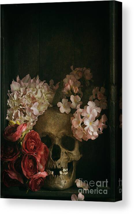 Human Skull Canvas Print featuring the photograph Human Skull With Flowers by Lee Avison