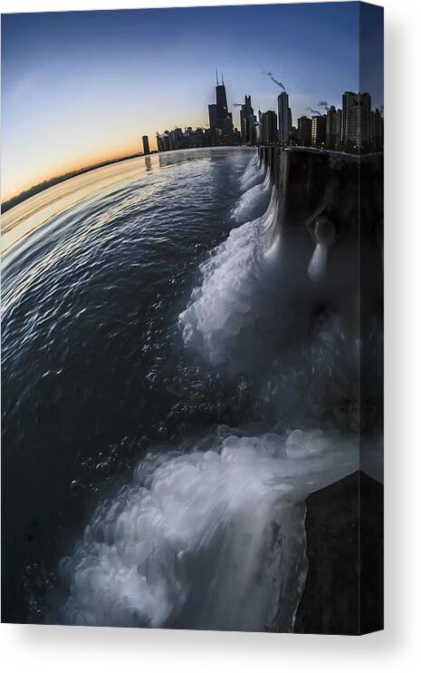 Chicago Canvas Print featuring the photograph Icy Fisheye view of Chicago Skyline at sun rise by Sven Brogren