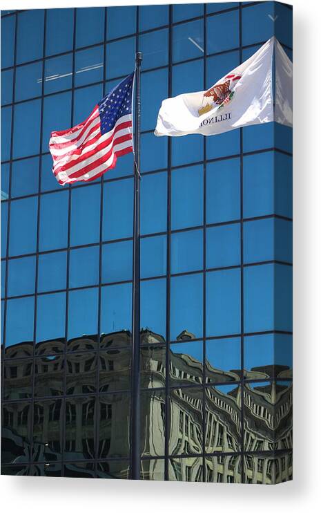 American Flag Canvas Print featuring the photograph Illinois and American Flags Against Reflection on Jackson by Colleen Cornelius