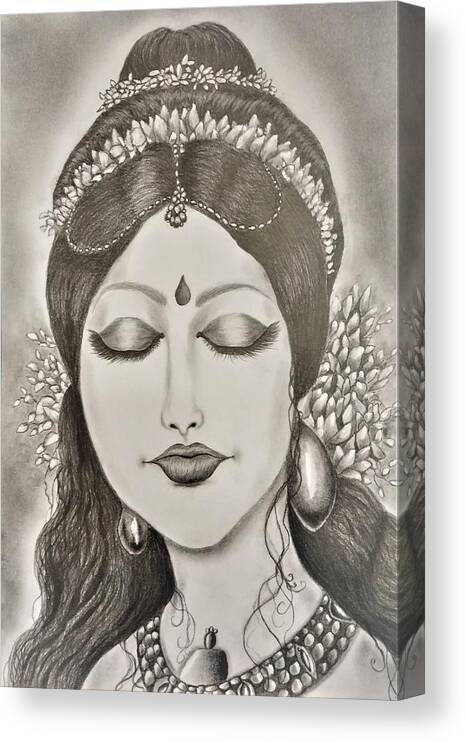 Apsara Canvas Print featuring the drawing In contemplative mood by Tara Krishna