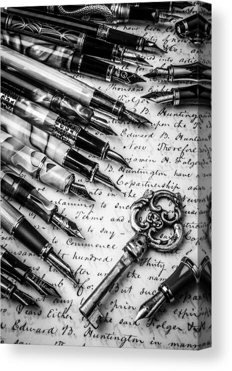 Fountain Canvas Print featuring the photograph Key And Fountain Pens by Garry Gay