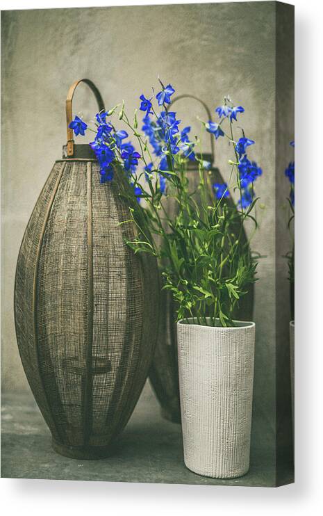 Botanical Canvas Print featuring the photograph Lanterns and blue flowers by Yancho Sabev Art