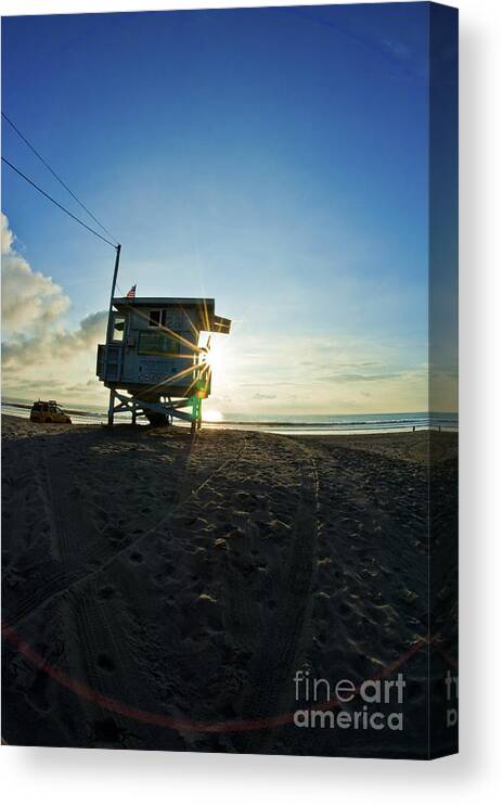 Santa Monica Beach Canvas Print featuring the photograph Lifeguard stand on Santa Monica beach by Micah May