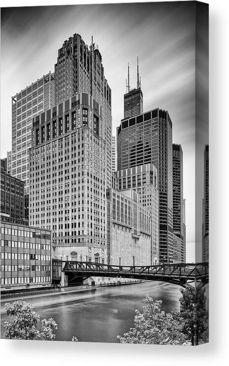 Windy Canvas Print featuring the photograph Long exposure Image of Chicago River Civic Opera House and top of the Willis Tower - Illinois by Silvio Ligutti