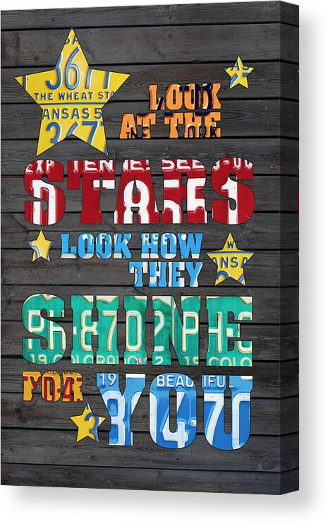 Look At The Stars Canvas Print featuring the mixed media Look at the Stars Coldplay Yellow Inspired Typography Made Using Vintage Recycled License Plates by Design Turnpike