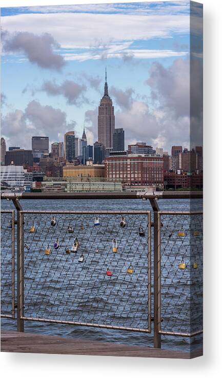 Terry D Photography Canvas Print featuring the photograph Love Locks Hoboken NYC Skyline by Terry DeLuco