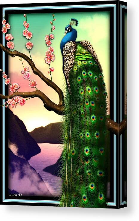 Male Peacock Canvas Print featuring the digital art Magnificent Peacock on Plum Tree in Blossom by John Wills