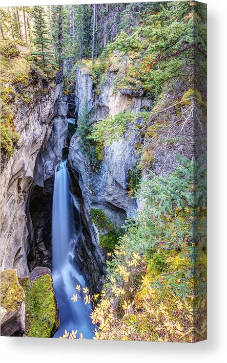 Maligne Canyon Canvas Print featuring the photograph Maligne Canyon Waterfall by Pierre Leclerc Photography