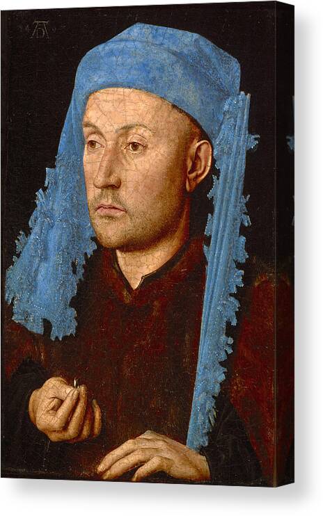 Jan Van Eyck Canvas Print featuring the painting Man in a Blue Cap. Man with a Ring by Jan van Eyck