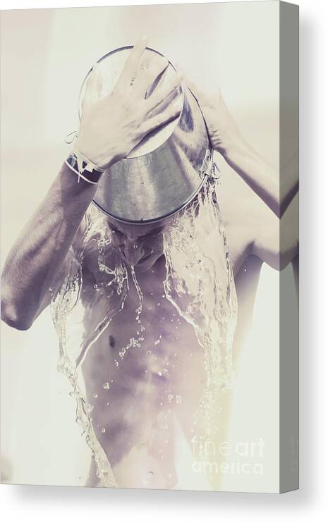 Water Canvas Print featuring the photograph Man pouring cold water from wine cooler over body by Jorgo Photography