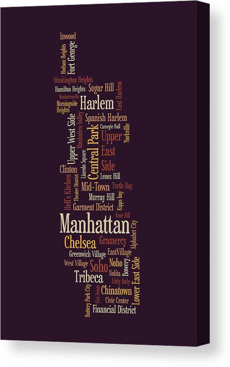 Manhattan Map Canvas Print featuring the digital art Manhattan New York Typographic Map by Michael Tompsett