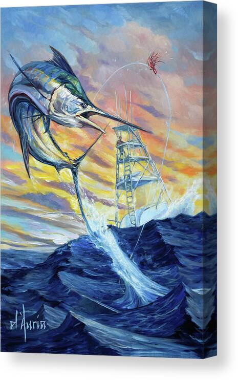 Blue Marlin Canvas Print featuring the painting Marlin Sunset by Tom Dauria