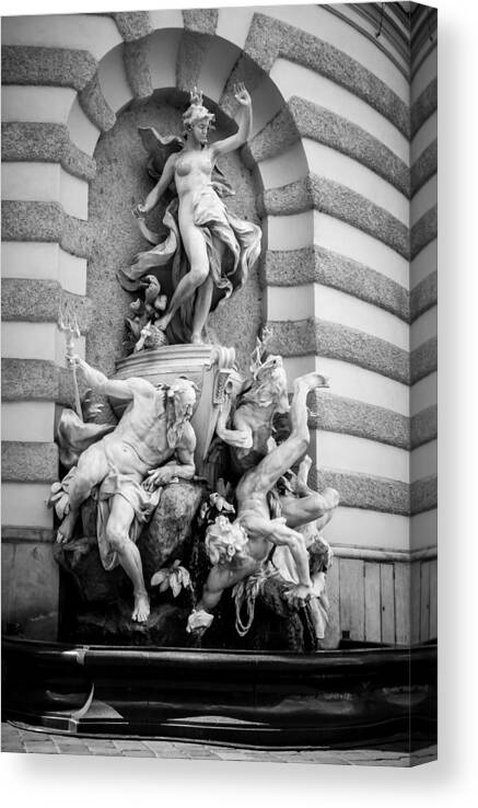 Fountain Canvas Print featuring the photograph Mastery of the Sea - Vienna B W by Pamela Newcomb