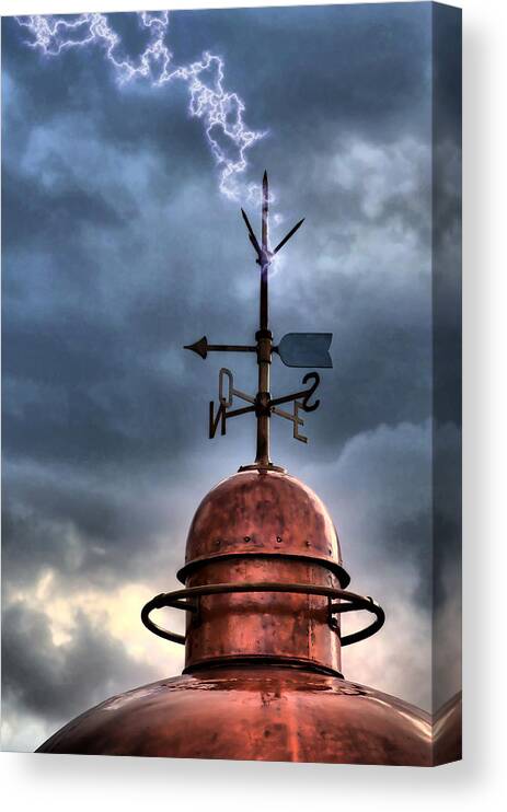 Architecture Canvas Print featuring the photograph Menorca copper lighthouse dome with lightning rod under a bluish and stormy sky and lightning effect by Pedro Cardona Llambias