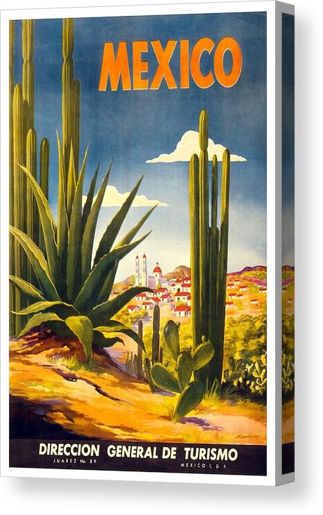 Mexico Canvas Print featuring the mixed media Mexico - Cactus With Mexican Village - Retro travel Poster - Vintage Poster by Studio Grafiikka