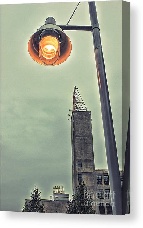 Minneapolis Canvas Print featuring the photograph Mill District Lamplight by Becqi Sherman