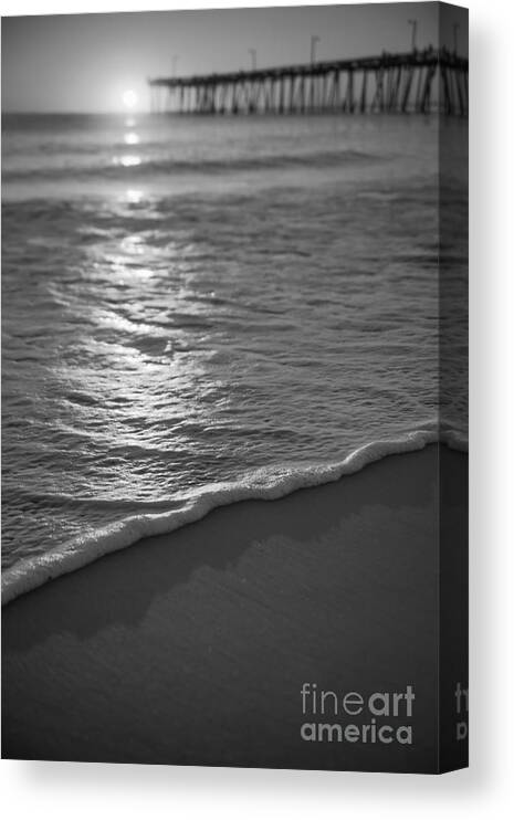 Nags Head Fishing Pier Canvas Print featuring the photograph Nags Head First Light BW by Michael Ver Sprill