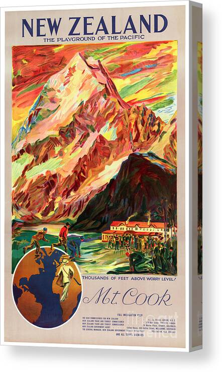 Travel Canvas Print featuring the painting New Zealand Mt. Cook Vintage Travel Poster by Vintage Treasure