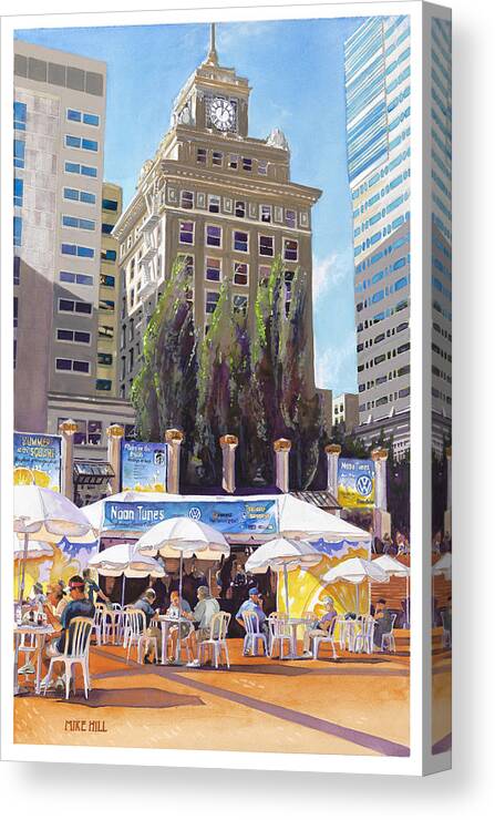 Noon Tunes Pioneer Square Portland Oregon Umbrellas Yellow Cityscape Shadows Music Concert Blues Canvas Print featuring the painting Noon Tunes Pioneer Square by Mike Hill