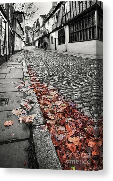 Street Canvas Print featuring the photograph Old cobbled street black and white by Simon Bratt