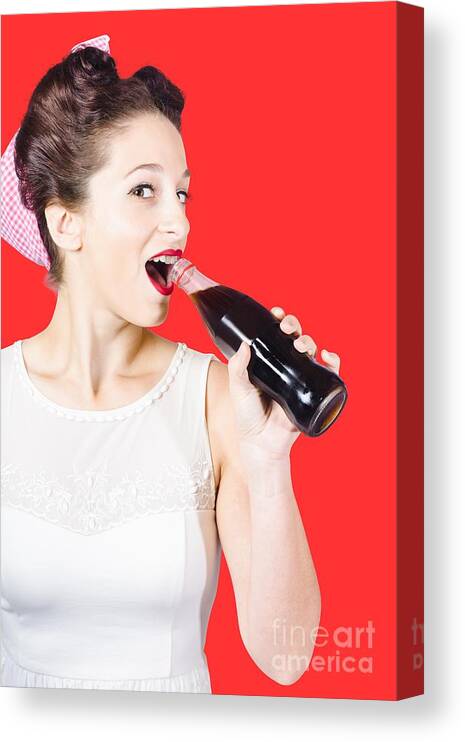 Soft Drink Canvas Print featuring the photograph Old-fashion pop art girl drinking from soda bottle by Jorgo Photography