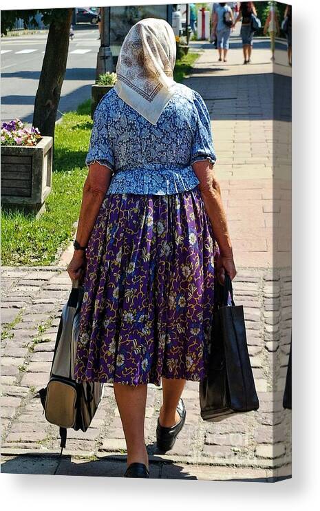 Old Lady Canvas Print featuring the photograph Old Lady Off to Work by Mariola Bitner