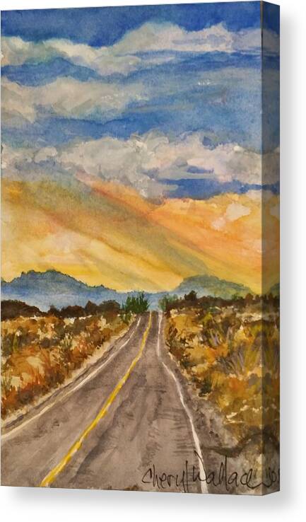 Sunset Canvas Print featuring the painting On the Road Again by Cheryl Wallace
