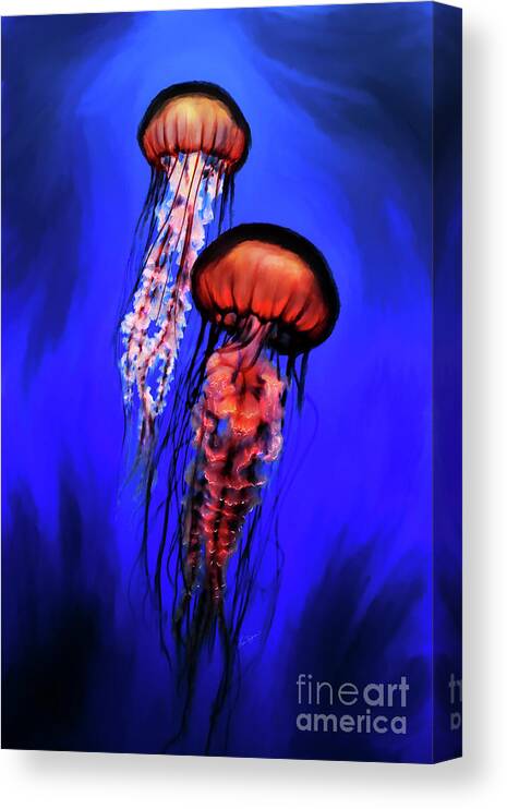 Jellyfish Canvas Print featuring the digital art Orange Jellyfish by Lisa Redfern