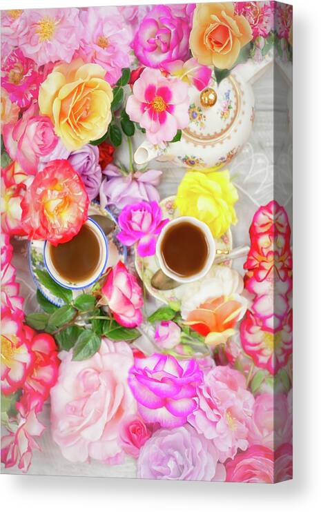 Painterly Canvas Print featuring the photograph Painterly Tea Party with Fresh Garden Roses II by Susan Gary