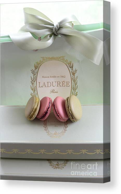 Laduree Canvas Print featuring the photograph Paris Laduree Mint Box of Macarons - Paris French Laduree Macarons by Kathy Fornal