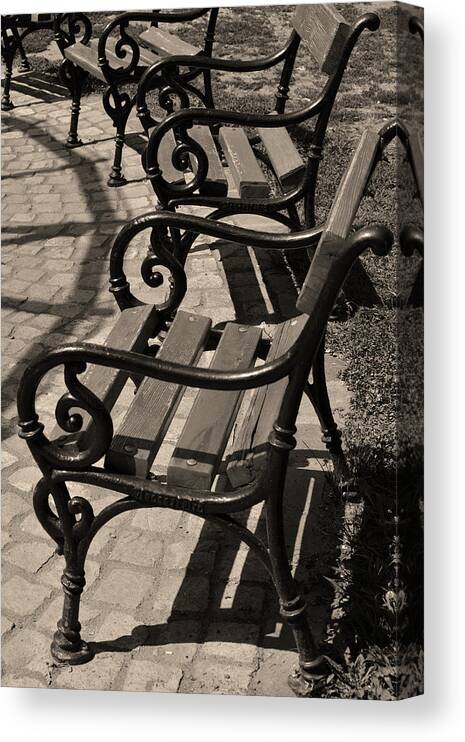 Benches Canvas Print featuring the photograph Park Benches in Budapest by Kathy Yates