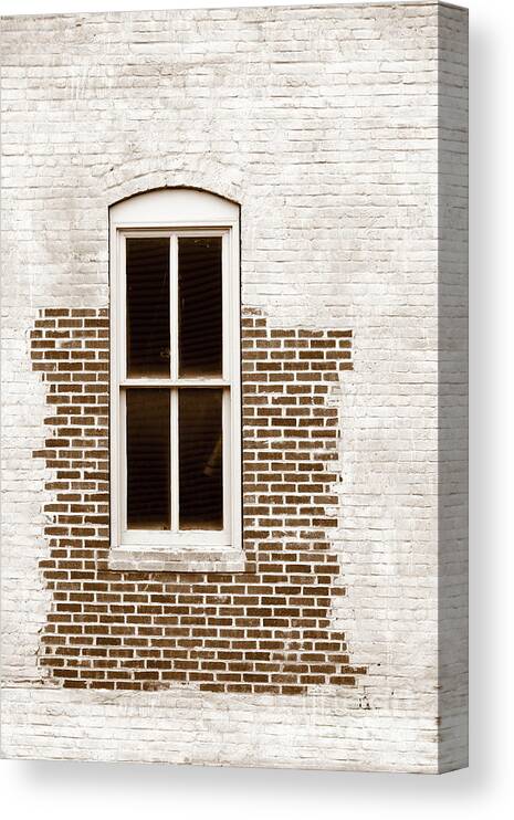 Mason Masonry Brick Window Patch Patched Repair Repaired Black White Monochrome Sepia Canvas Print featuring the photograph Patched Masonry 1978 by Ken DePue