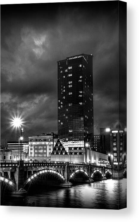 Bridge Canvas Print featuring the photograph Pearl Street Bridge at Night on the Grand River by Randall Nyhof
