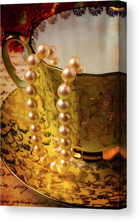 Colorful Canvas Print featuring the photograph Pearls Hanging Off Tea Cup by Garry Gay