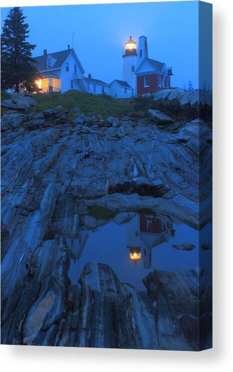 Lighthouse Canvas Print featuring the photograph Pemaquid Point Lighthouse Tide Pool at Dusk by John Burk