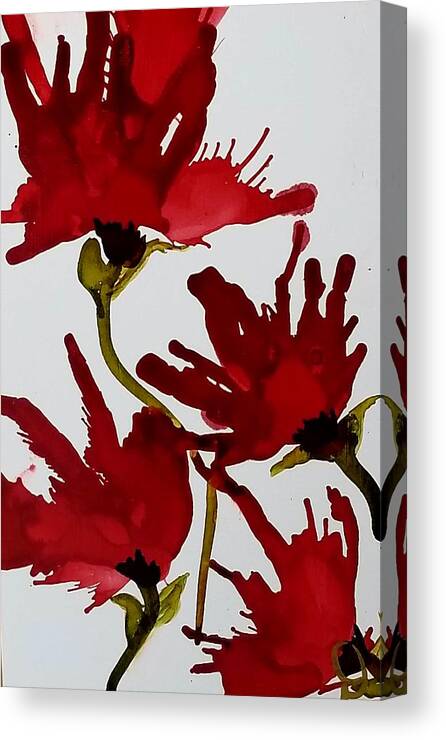 Red Canvas Print featuring the painting Poppies by Donna Perry