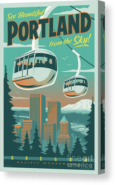 Vintage Canvas Print featuring the digital art Portland Poster - Tram Retro Travel by Jim Zahniser