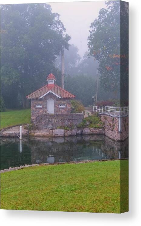 St Lawrence Seaway Canvas Print featuring the photograph Pump House In Fog by Tom Singleton