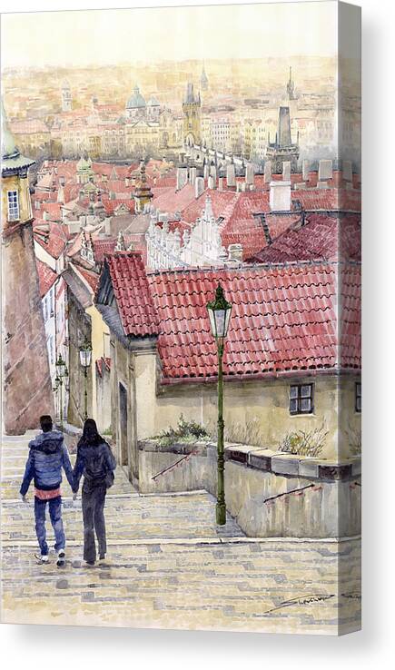 Watercolor Canvas Print featuring the painting Prague Zamecky Schody Castle Steps by Yuriy Shevchuk