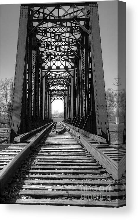 Railroad Canvas Print featuring the photograph Railroad Bridge Black And White by Sharon McConnell