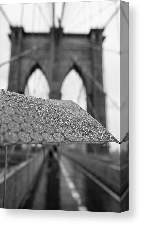 Brooklyn Canvas Print featuring the photograph Rainy Day on the Brooklyn Bridge Brooklyn New York Cables Umbrella Black and White by Toby McGuire
