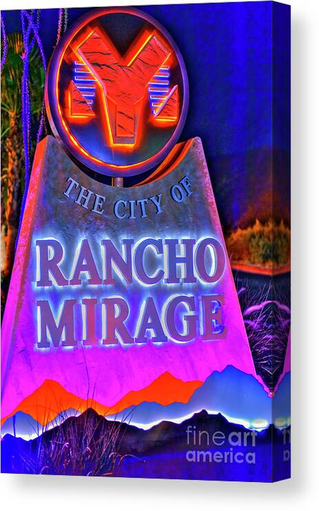 Rancho Mirage City Marker Lit At Night Canvas Print featuring the photograph Rancho Mirage City Marker Lit at Night by David Zanzinger