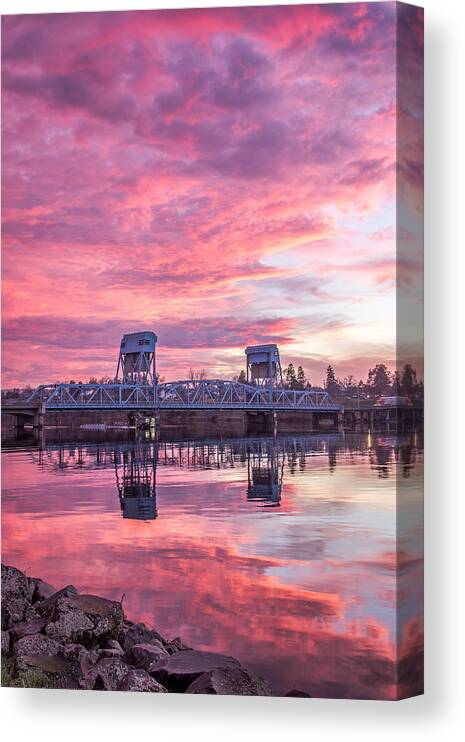 Lewiston Idaho Clarkston Washington Id Wa Lewis Clark Lc Valley Landscape Rivers Hill Snake Red Clouds Blue Bridge Vertical Canvas Print featuring the photograph Red Clouds Vertical Shot by Brad Stinson