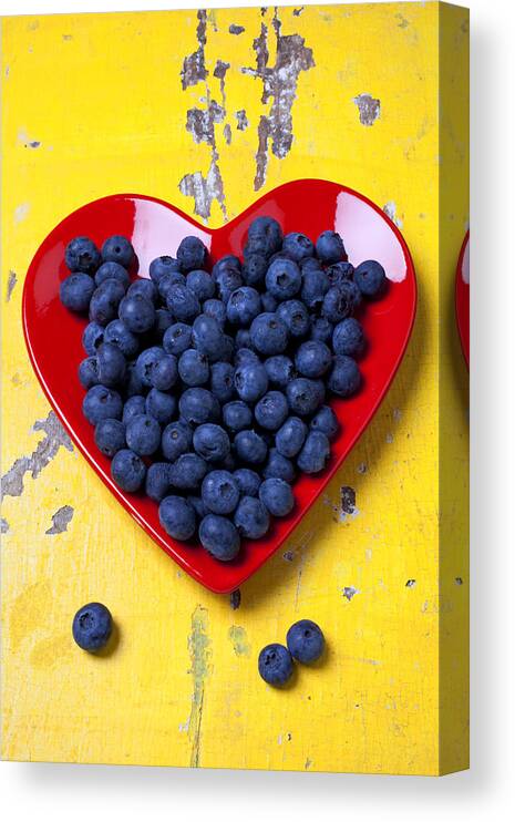 Red Heart Shaped Plate Canvas Print featuring the photograph Red heart plate with blueberries by Garry Gay